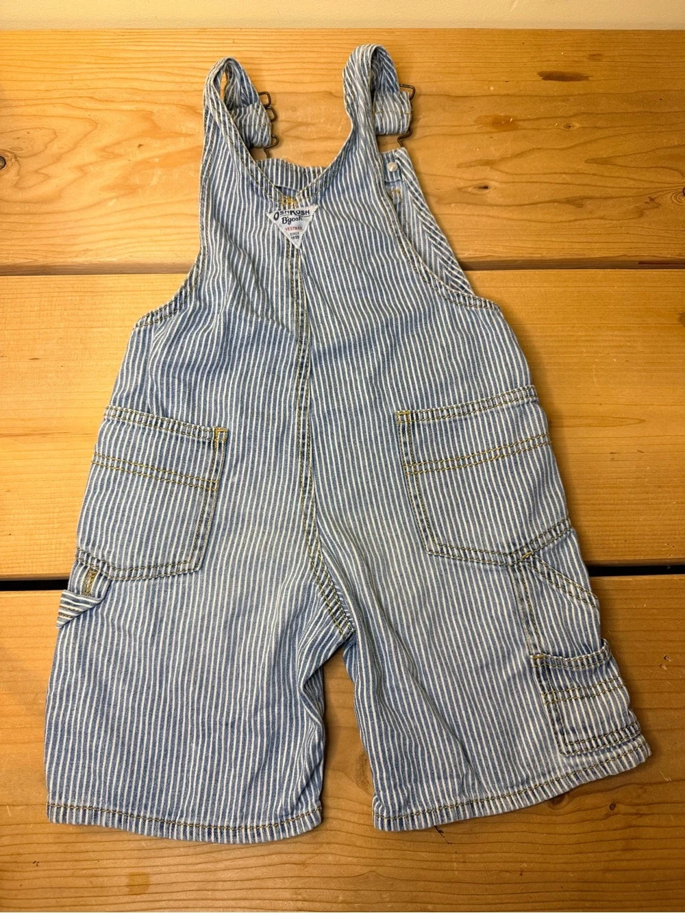 OshKosh B’gosh Railroad Stripe Shortalls Overalls Blue White 3T Toddler, worn